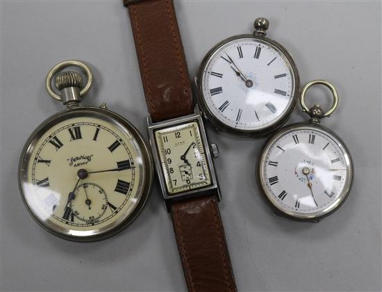 A gentlemans steel Cyma rectangular dial manual wind wrist watch, two silver fob watches and a nickel cased pocket watch.